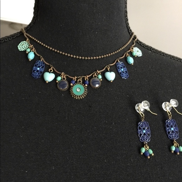 Necklace Earring Set Minimal Design Aqua - Picture 1 of 2